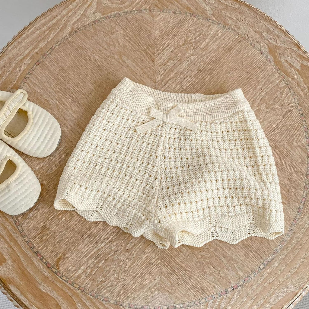 Baby Little Girls Summer Knit 2 Piece Outfit, Toddler Short Sleeve Crochet Top and Shorts Set
