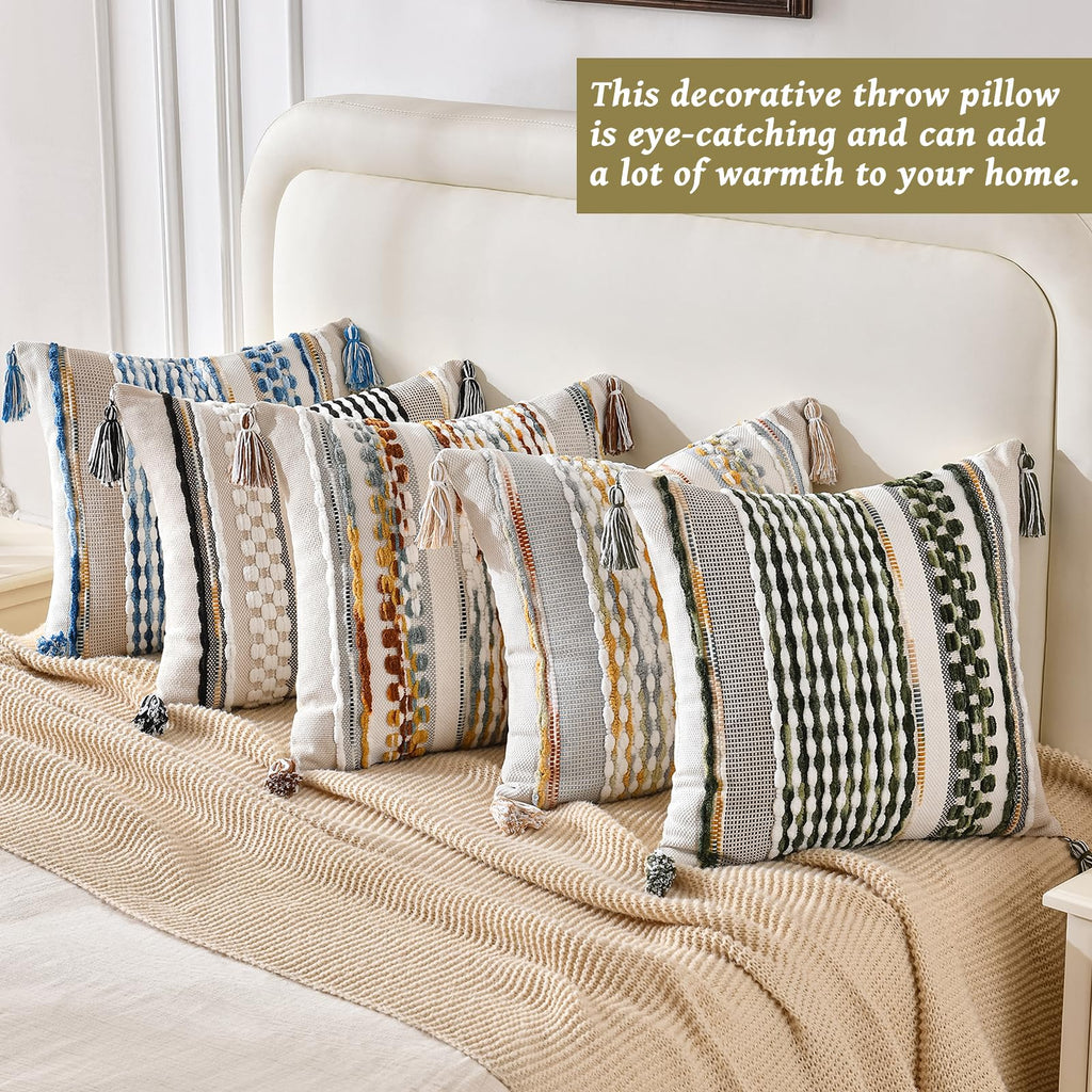 Set of 2 Chenille Striped Textured Boho Throw Pillow Covers Aesthetic with Tassels Woven Decorative Pillow Case for