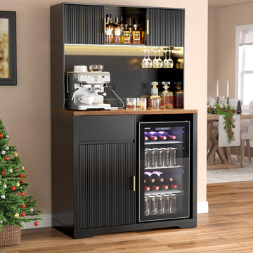72" Tall Coffee Bar Cabinet with Fridge Space, Fluted Liquor Home Bar