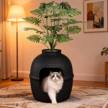 Hidden Litter Box with Faux Plant, Large Cat Litter Box with Rattan Pattern, Heavy Duty PP Material Litter Box