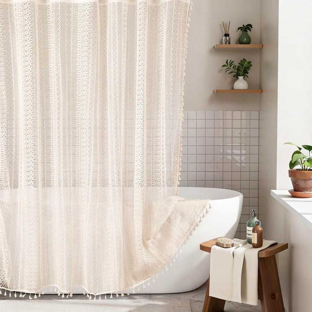 Beige Boho Lace Shower Curtain Crochet Bathroom Curtain with 12 Hook