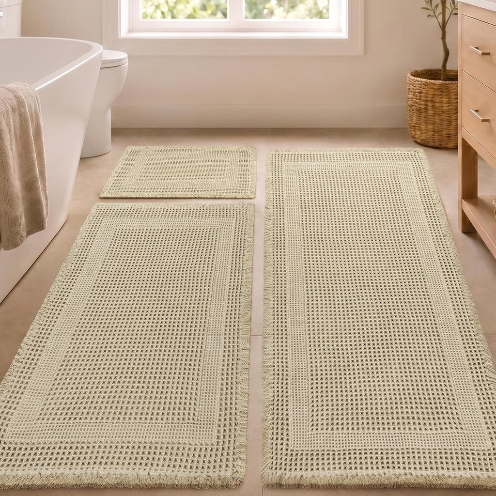 Waffle Bath Mat, Non Slip Bathroom Rugs Mats Set, Super Absorbent Quick Dry Bath Mats , Machine Washable Boho Rugs