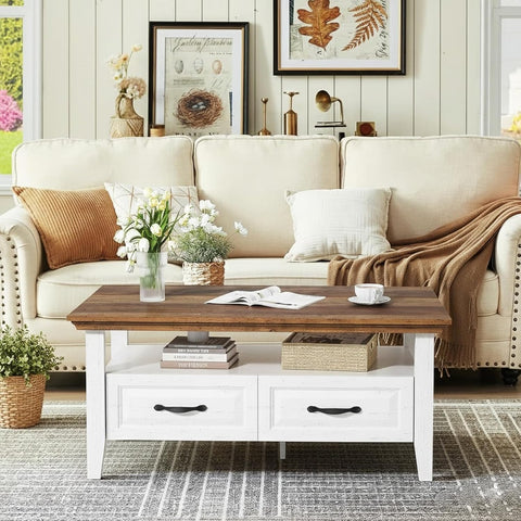 Amada Coffee Table, 39.4" Small Coffee Table with Storage, Open Display Shelf and Hidden Drawers