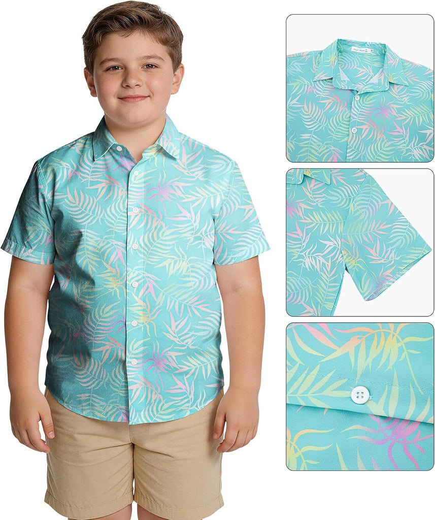 Boy's Button Down Hawaiian Shirt Short Sleeve, Kids Summer Beach Hawaiian Shirts for Boys
