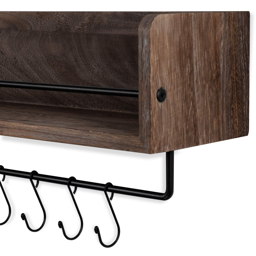 William Wall Mount Floating Shelf with Rail and Hooks | Farmhouse Design 20 Inch Torched Distressed Wood Vintage