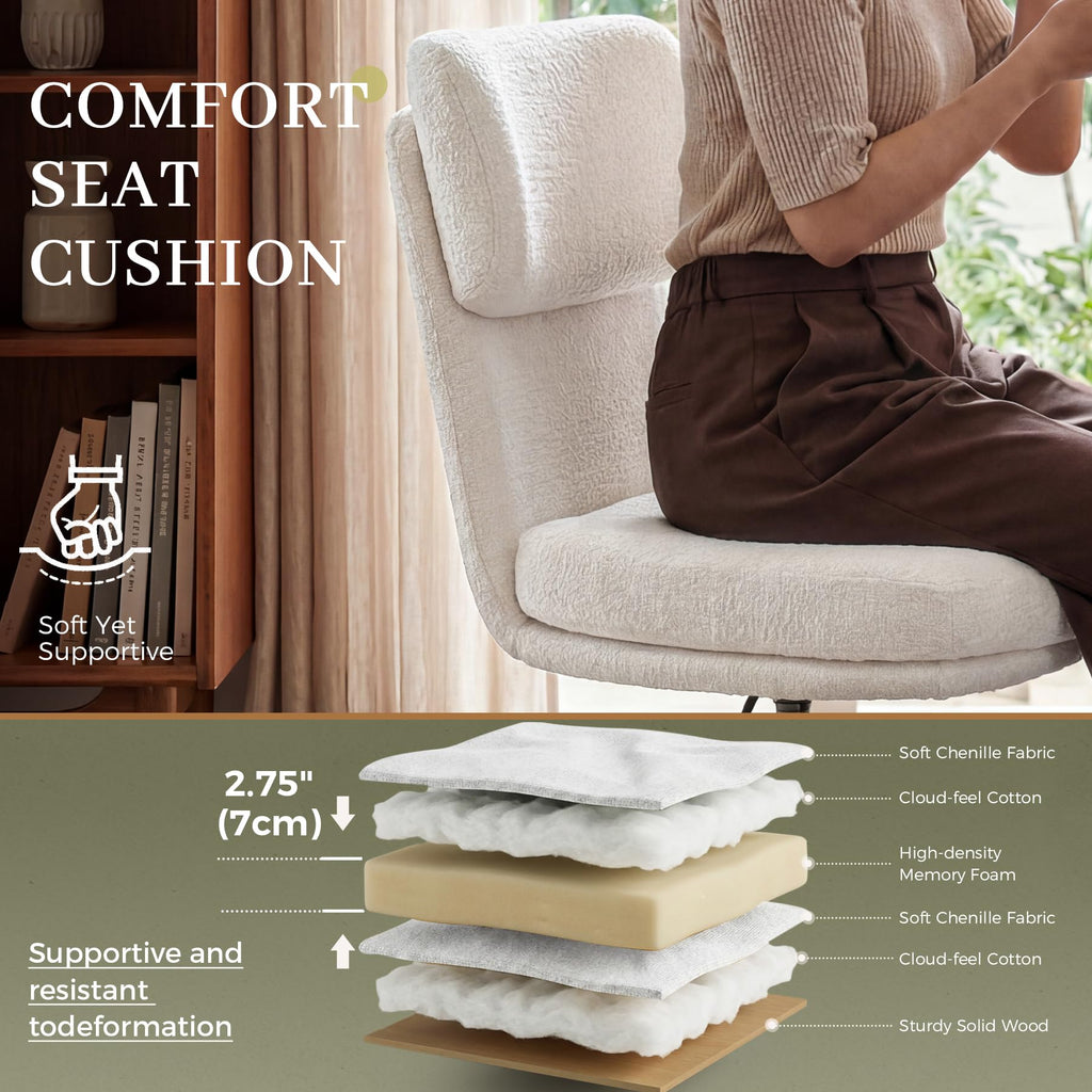 Office Desk Chairs with Ergonomic Curved Backrest, Mid Century Modern Vanity Chair with Wheel, Chenille