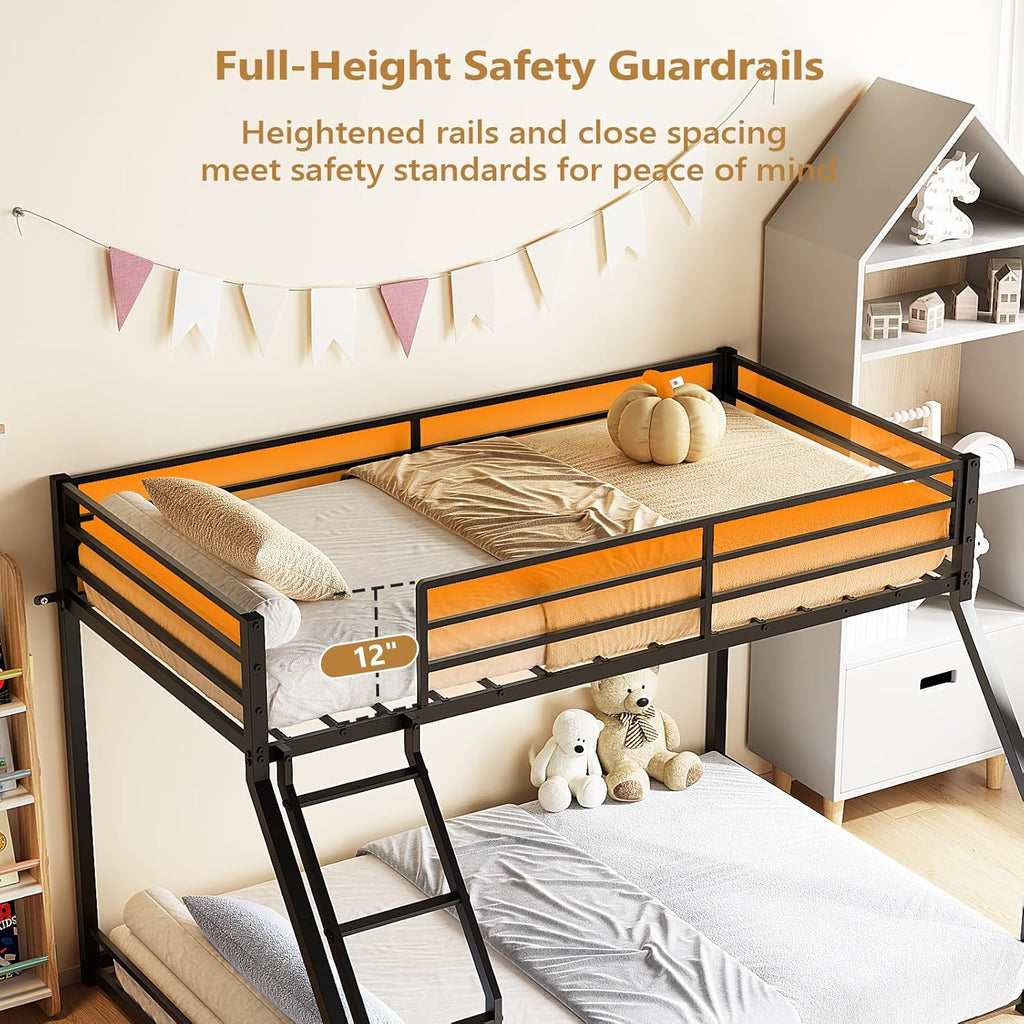 Bunk Bed Twin Over Full, Metal Bed Frame with Safety Guardraild for Boys Girls, Junior