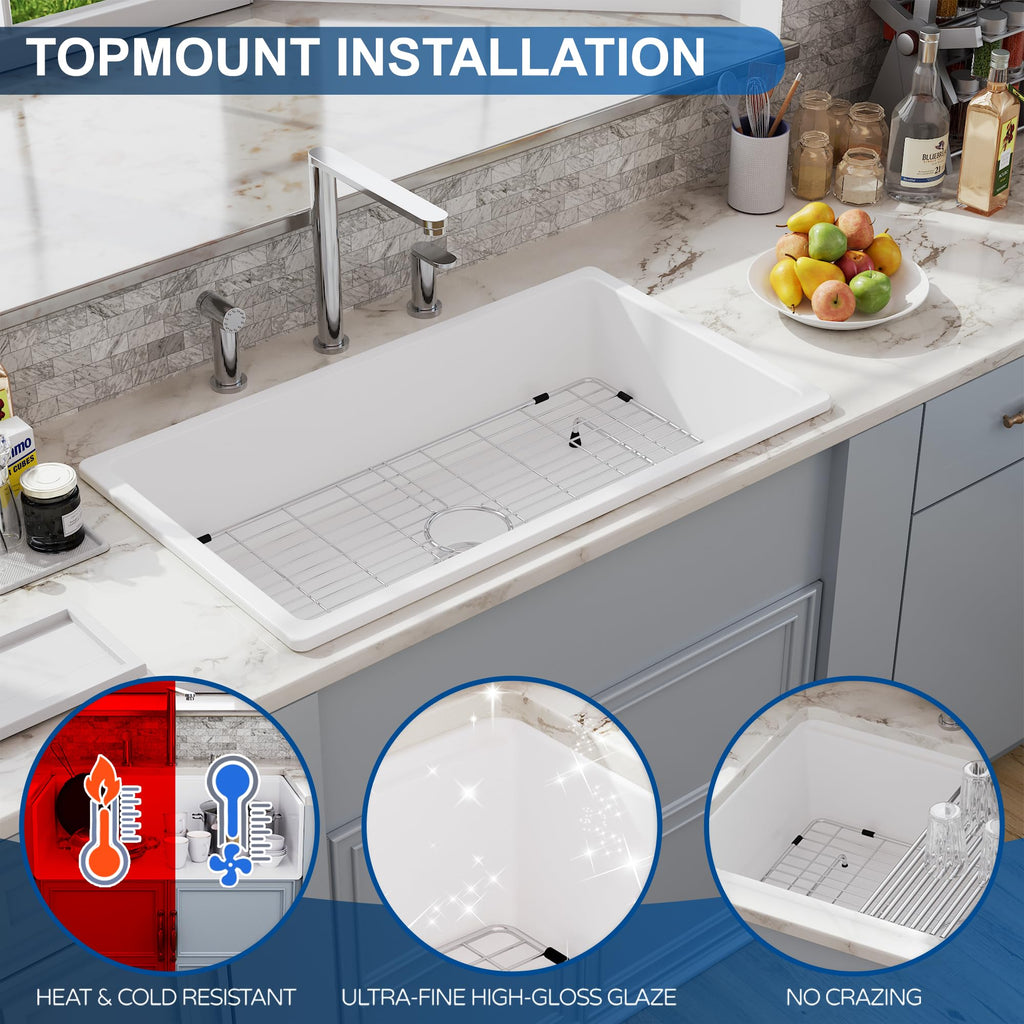 30 White Undermount Kitchen Sink, Topmount & Undermount Kitchen Sink 30x18 inch White Porcelain Ceramic Fireclay