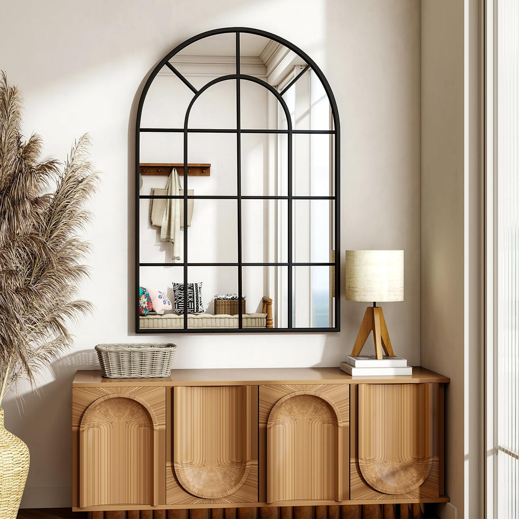 24"×36" Windowpane Arched Wall Mirror with Metal Frame, Black