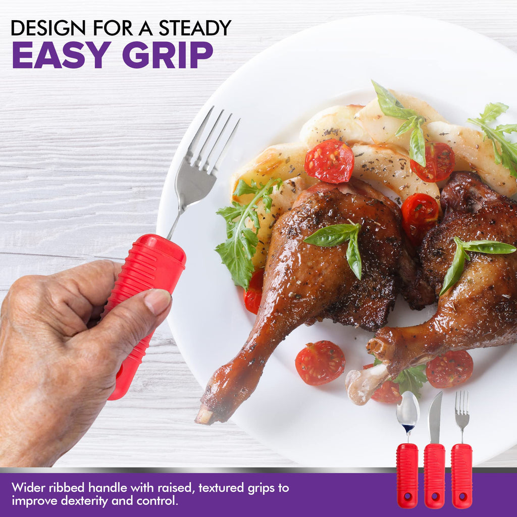 3 Piece Easy Grip Red Utensil Set - Bendable Fork, and Spoon, Strong Knife