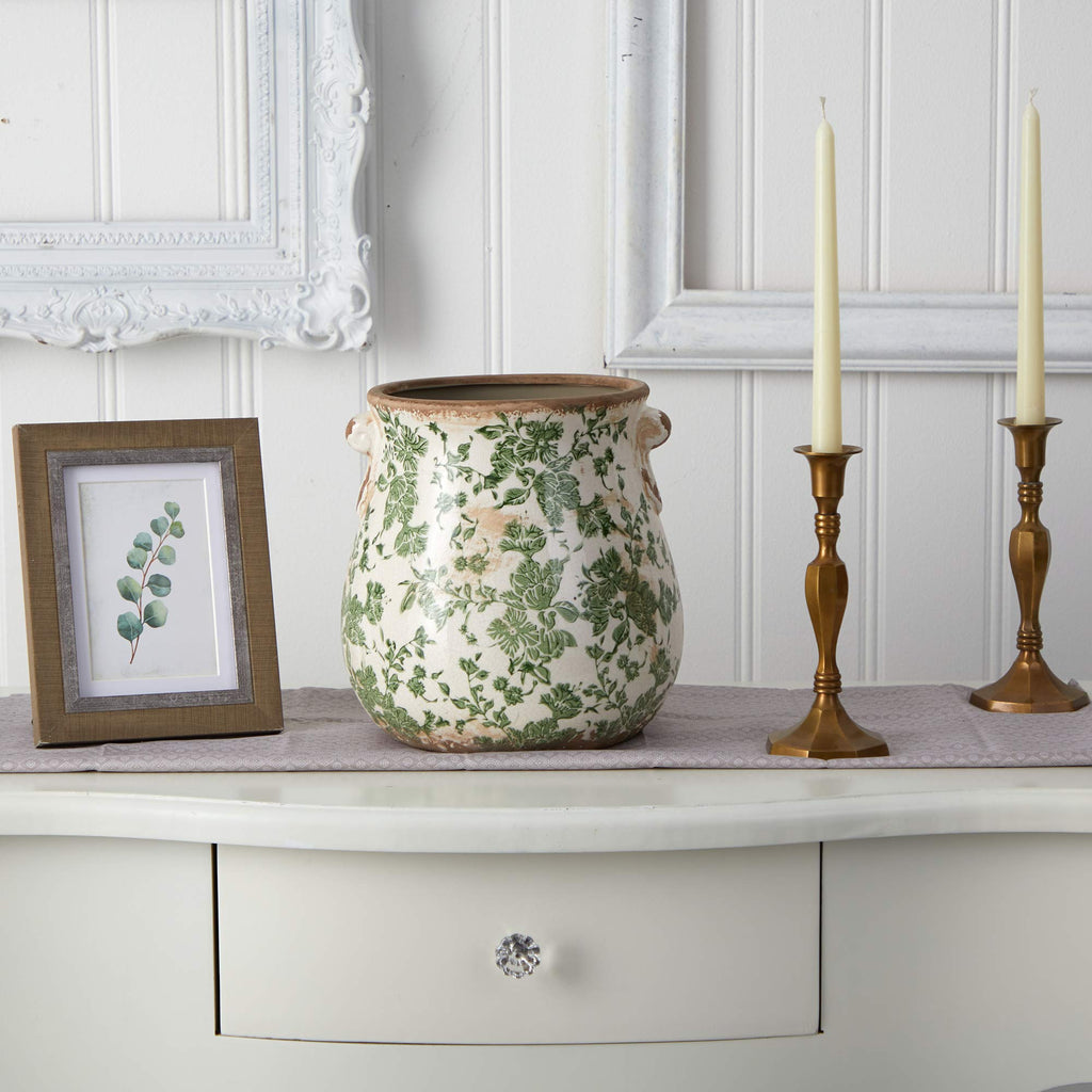 10 in Tuscan Ceramic Green Scroll Planter Decor