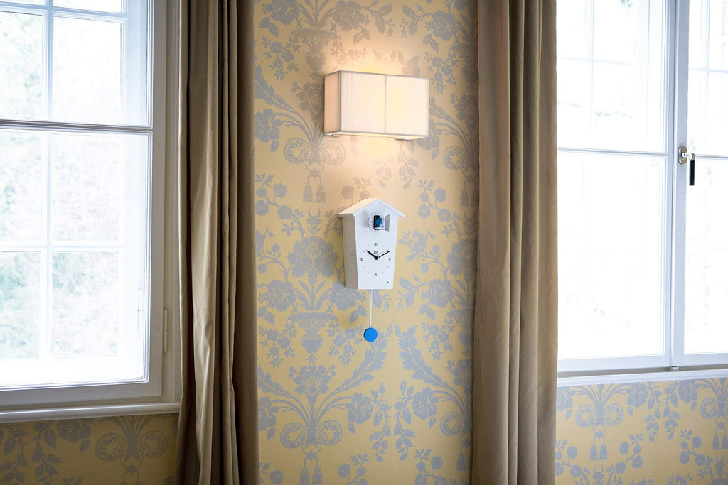 Birdhouse White, modern design cuckoo clock with 12 natural bird voices or cuckoo call