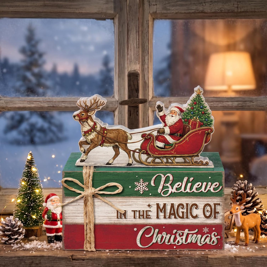 4 Pcs Christmas Santa Sleigh Table Decoration Wooden Book Stack Sign