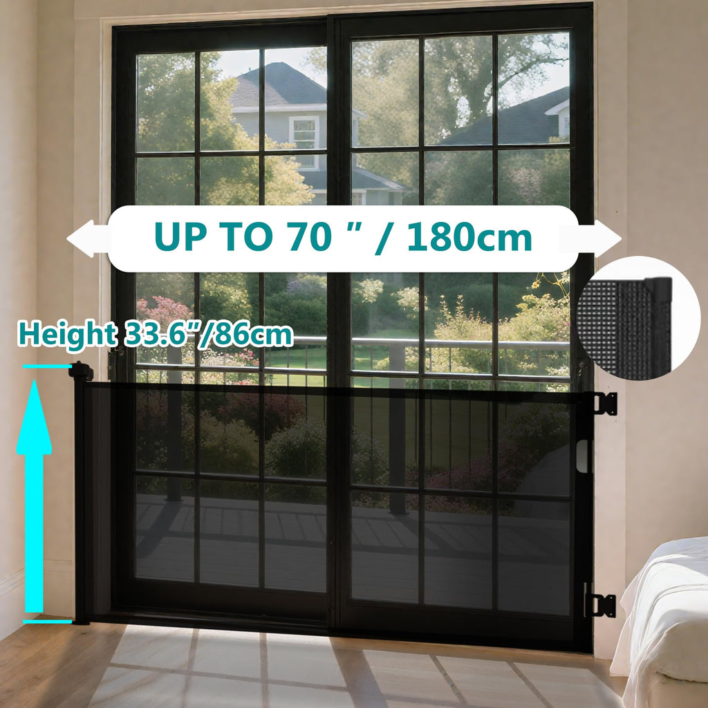 Retractable Baby Gate,Mesh Baby Gate or Mesh Dog Gate,34" Tall,Extends up to 70" Wide,Child Safety Gate for Doorways