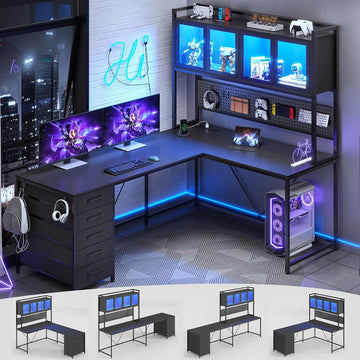 L Shaped Gaming Corner Desk with Drawers, Hutch and Storage Shelves | Reversible Computer Desk, Gaming Desk with