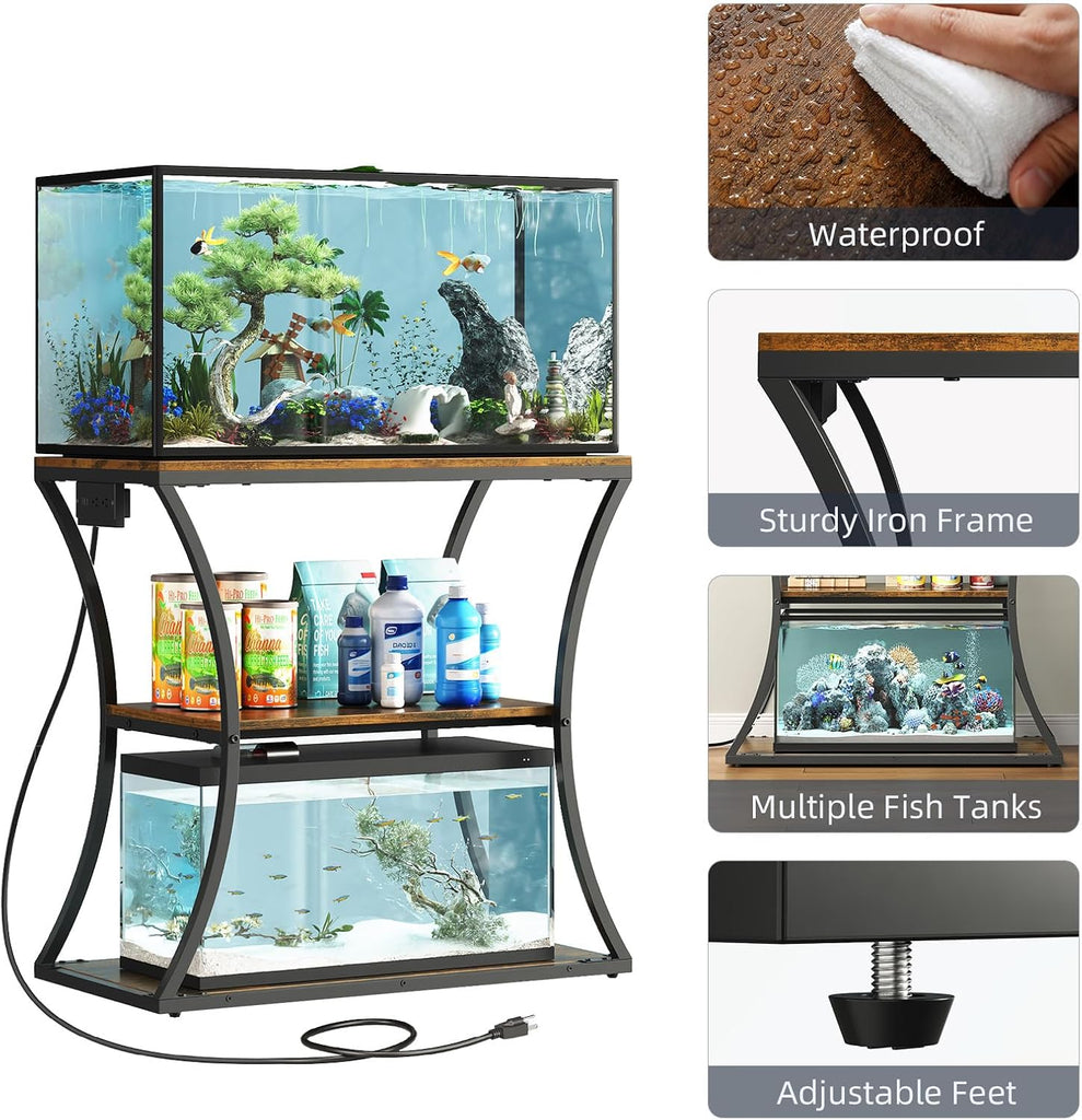 20-29 Gallon Fish Tank Stand with Power Outlet, 3-Tier Aquarium Stand with Storage, Heavy Duty Metal Frame Tank Rack