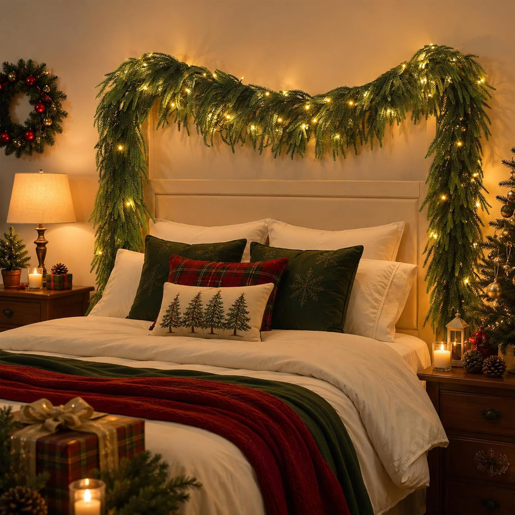 9FT Christmas Norfolk Pine Pre-Lit Garland with 70 LED Lights Real Touch Prelit Garland Christmas Greenery Garlands