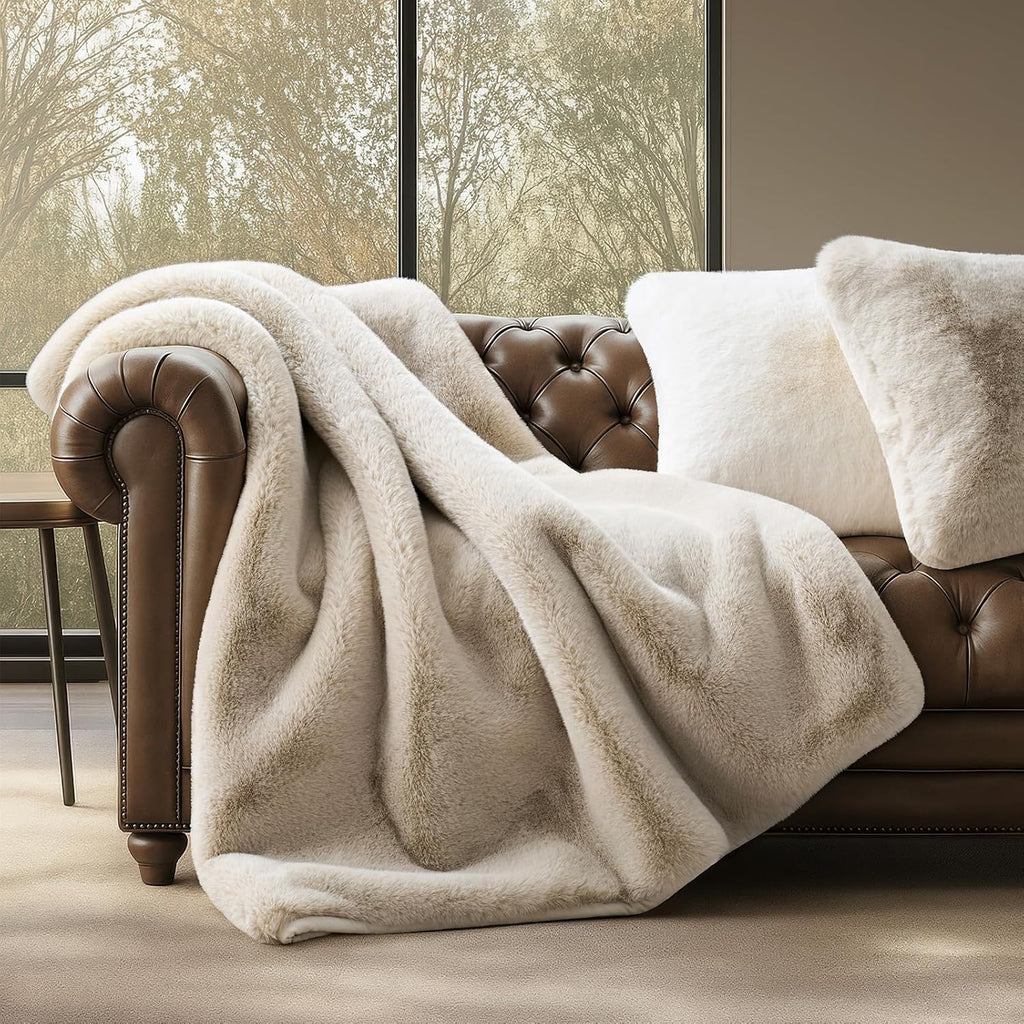 Faux Chinchilla Fur Throw Blanket, 50"x60", Birch Mink | Luxury, Super Soft, 1220GSM, Fluffy Cozy Mink, Reversible