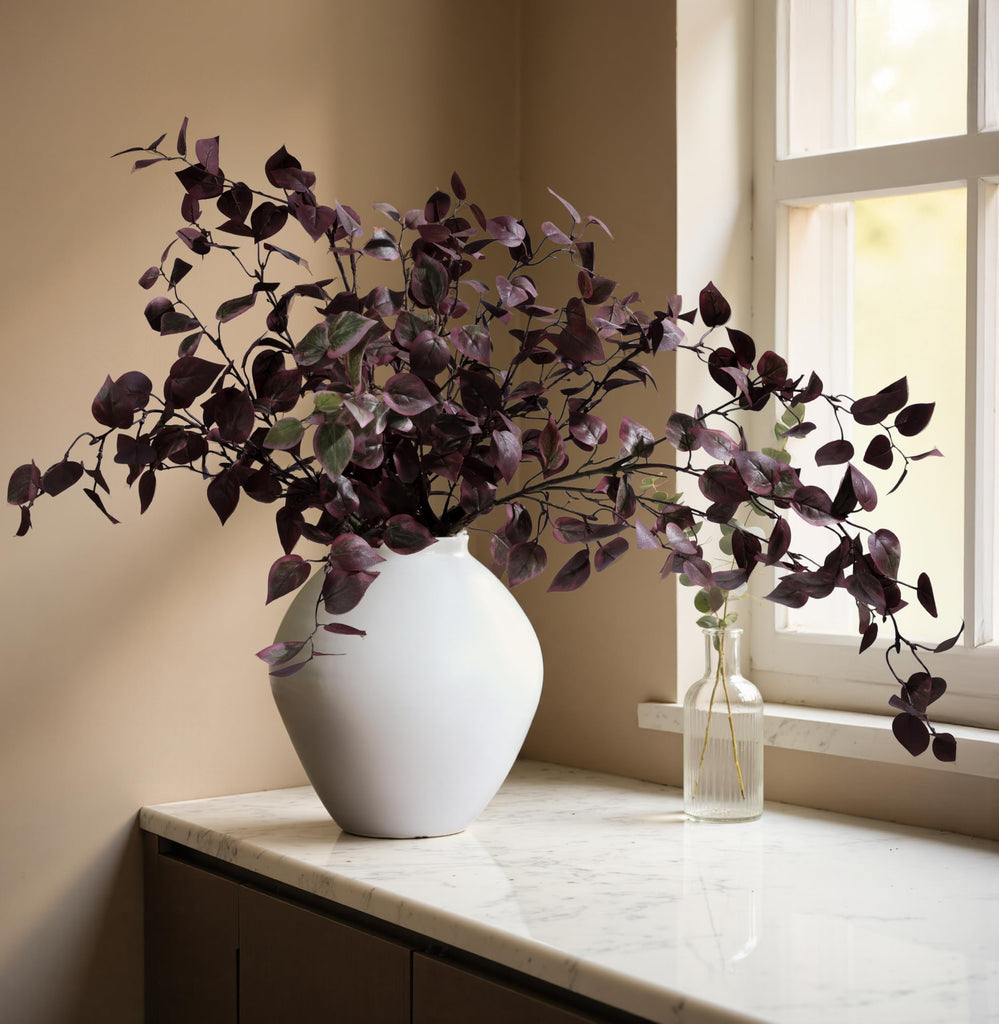 5PCS Artificial Fall Eucalyptus Leaves Stem Plants, 32.7 inch Fake Leaves Autumn Greenery Branches Burgundy Shrubs