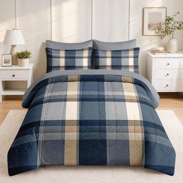 Comforter Set, 5 Pieces Plaid Navy Bedding Set