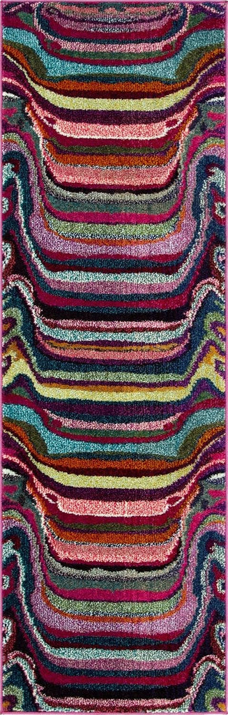 Theia Rug - 7 Ft Runner Multi Washable Runner Rug - Vibrant Modern Stripes s and Playrooms