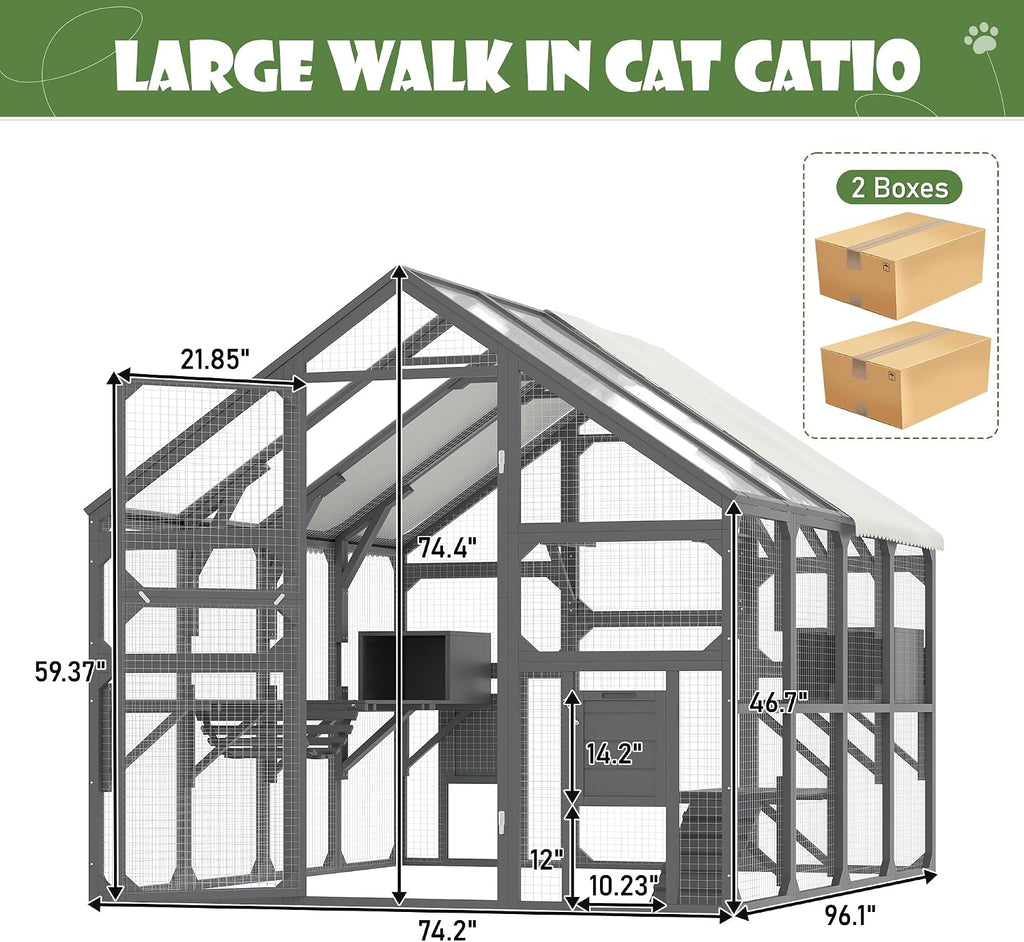 Outdoor Large Catio Cat Enclosure, Wooden Cat House with 7 Platforms, 2 Resting Boxes, 1 Bridge and 1 Ramp, Walk