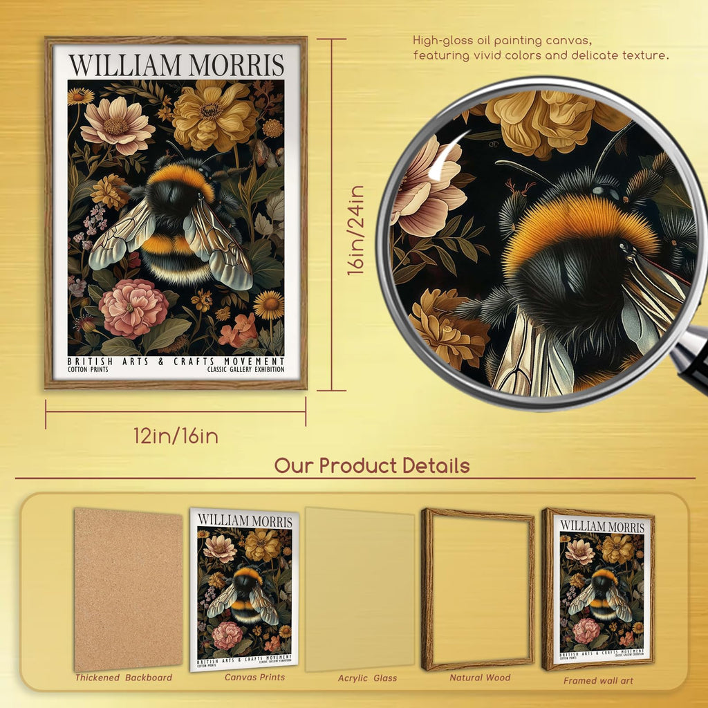 Framed William Morris Style Bee and Floral Wall Art Vintage Insect Print with Wooden Frame Gallery Paniting Poster