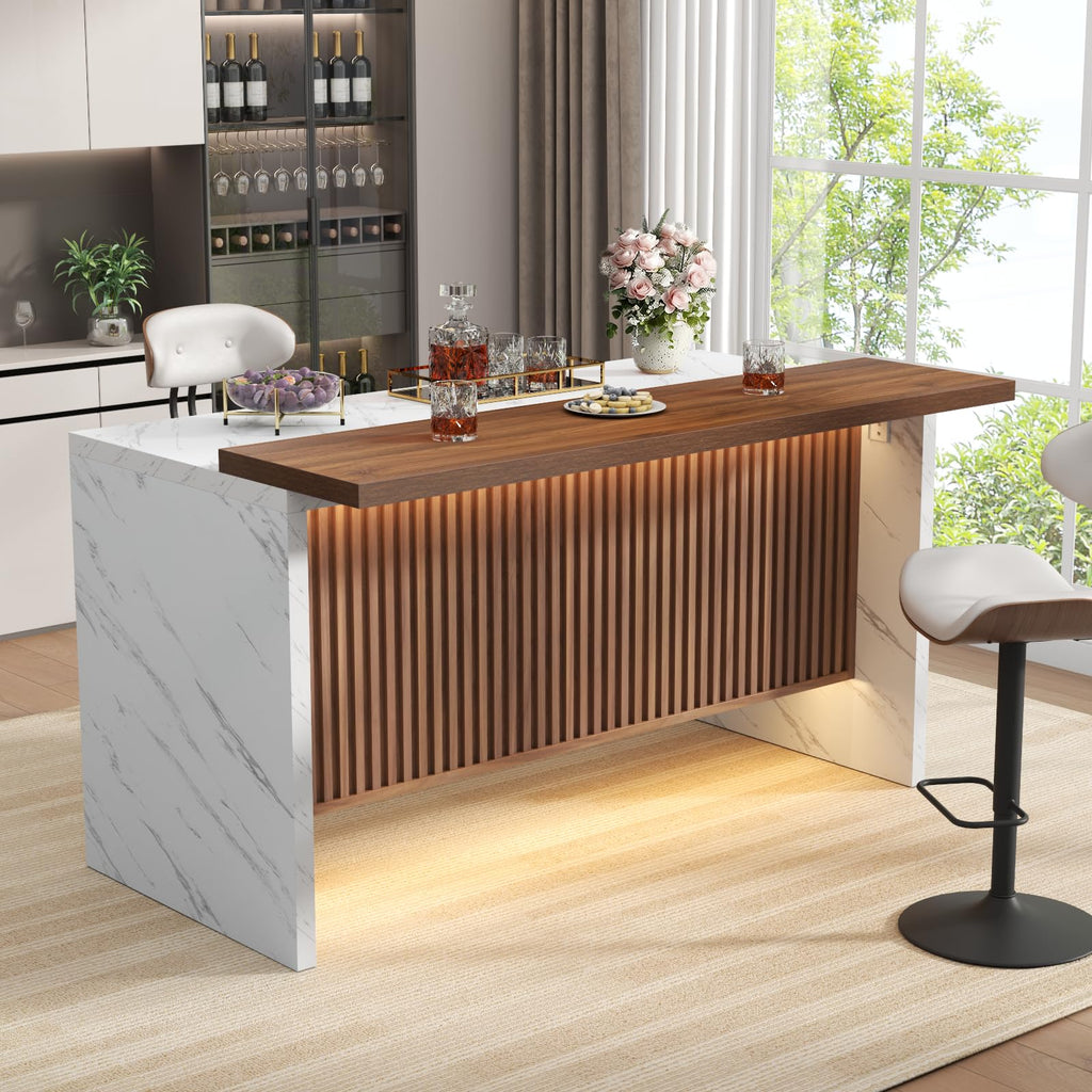 63" Large Imitation Marble Bar Table, Kitchen Island Table with LED Lights