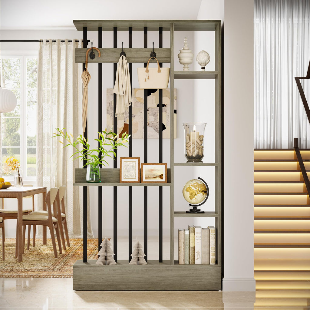 Wall Room Divider, Wood Freestanding Room Divider Bookcase with Shelves & Coat Hooks, 71" Modern Wall Partition