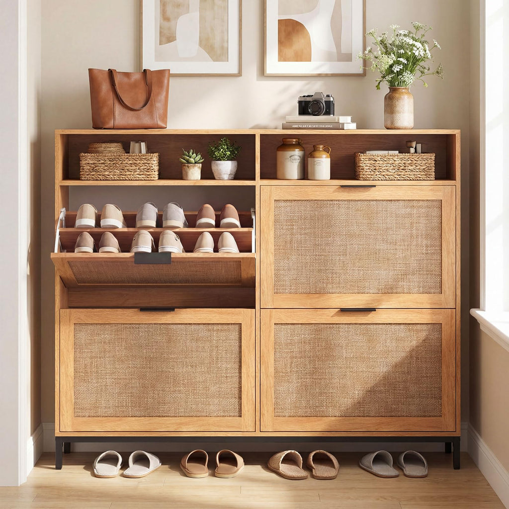 Slim Shoe Storage Cabinet with 4 Flip Drawers & 2 Open Compartments