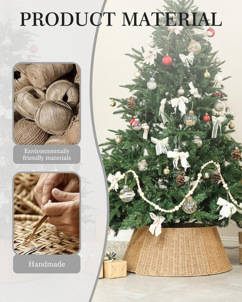 Rustic Farmhouse Christmas Tree Collar - Holiday Decorations - Natural Woven Wicker Tree Base Cover, Basket Ring for