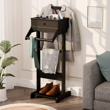 Mens Valet Stand with Drawer, Wooden Valet Stand for Men, Black