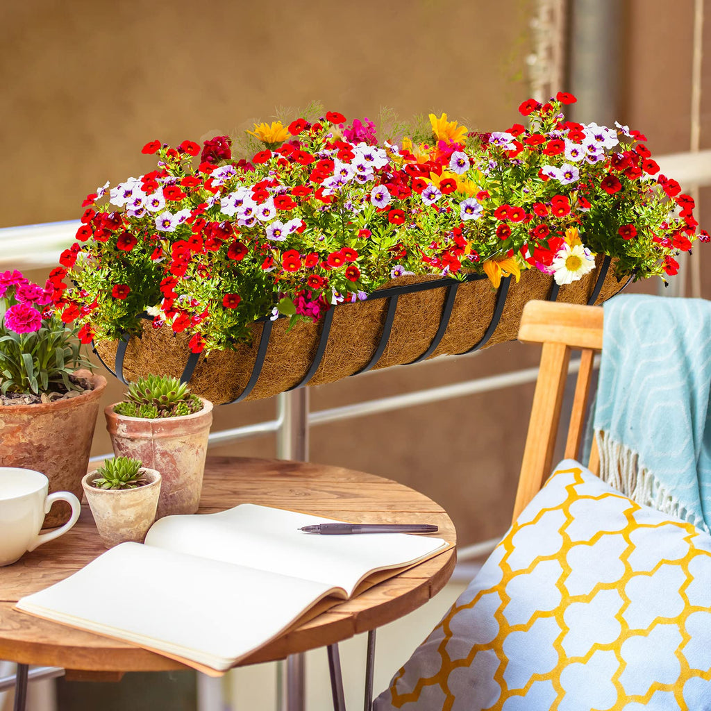 2 Pieces Railing Planter Boxes, 36 Inches Window Box Planters with Coco Liner and Adjustable Brackets for Deck Porch