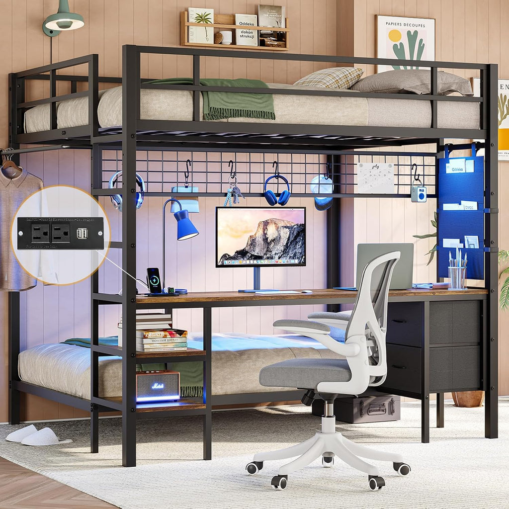 Full Over Twin Bunk Bed with Desk and Charging Station Metal Full Over Twin Bunk Bed with Led Lights,Storage Shelves
