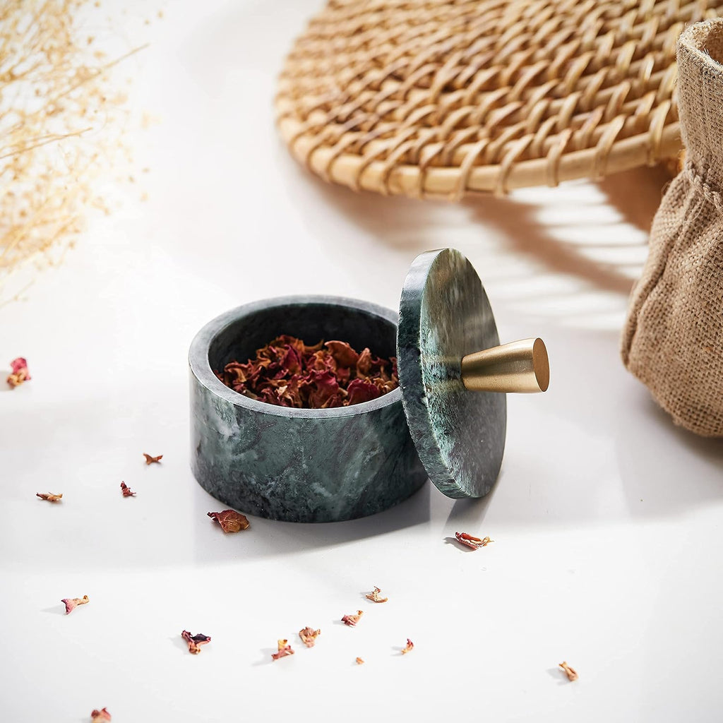 Green Marble Salt Cellar with Lid & Brass Knob - Natural Stone Spice Container Countertop, Gourmet Salt Holder