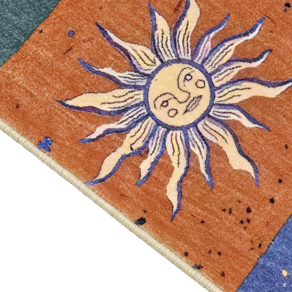 Boho Sun and Moon Washable Rug Ultra Thin, Vintage Mystical Celestial Checkerboard Area Rug Entryway Kitchen