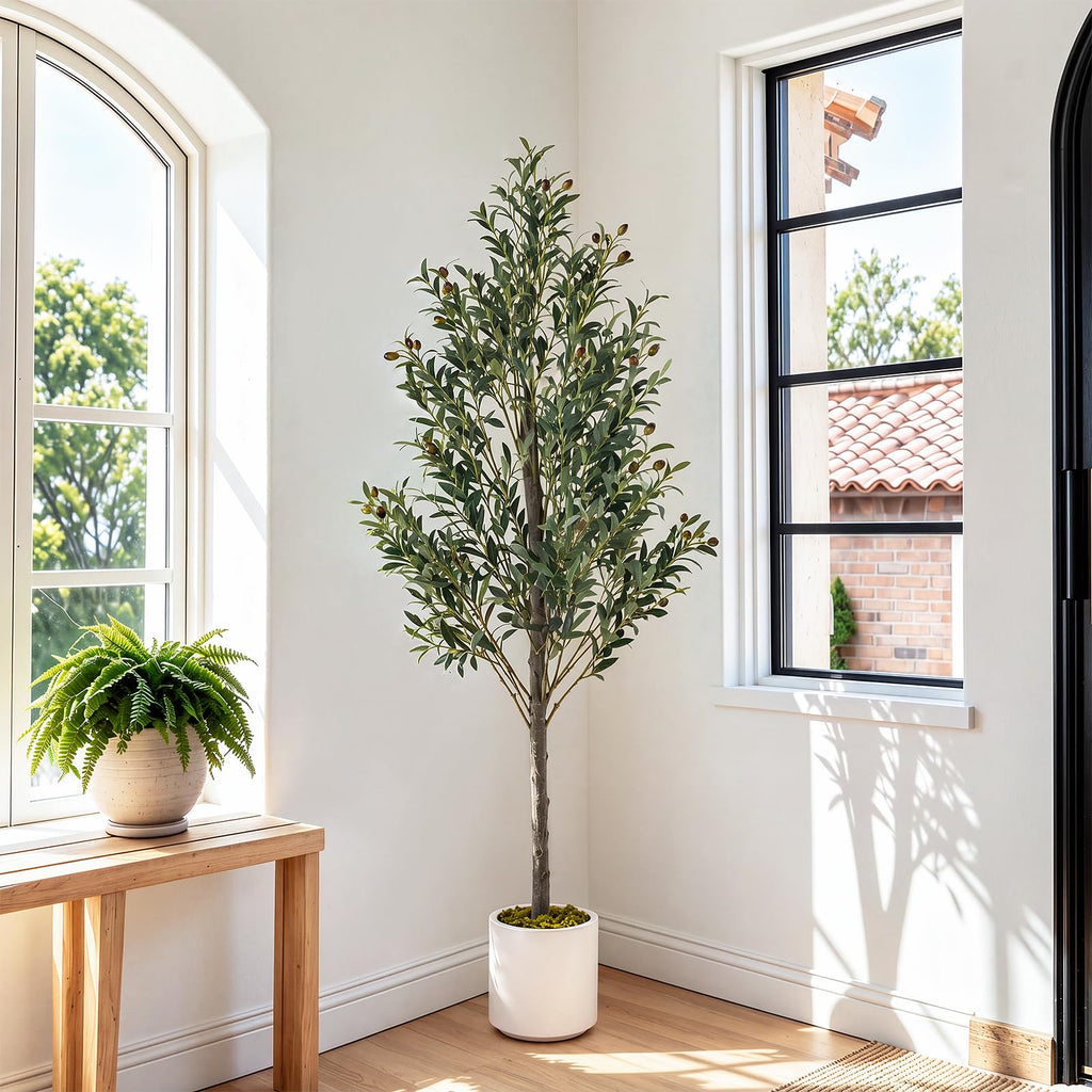 5ft Faux Olive Tree with White Planter, Artificial Plants