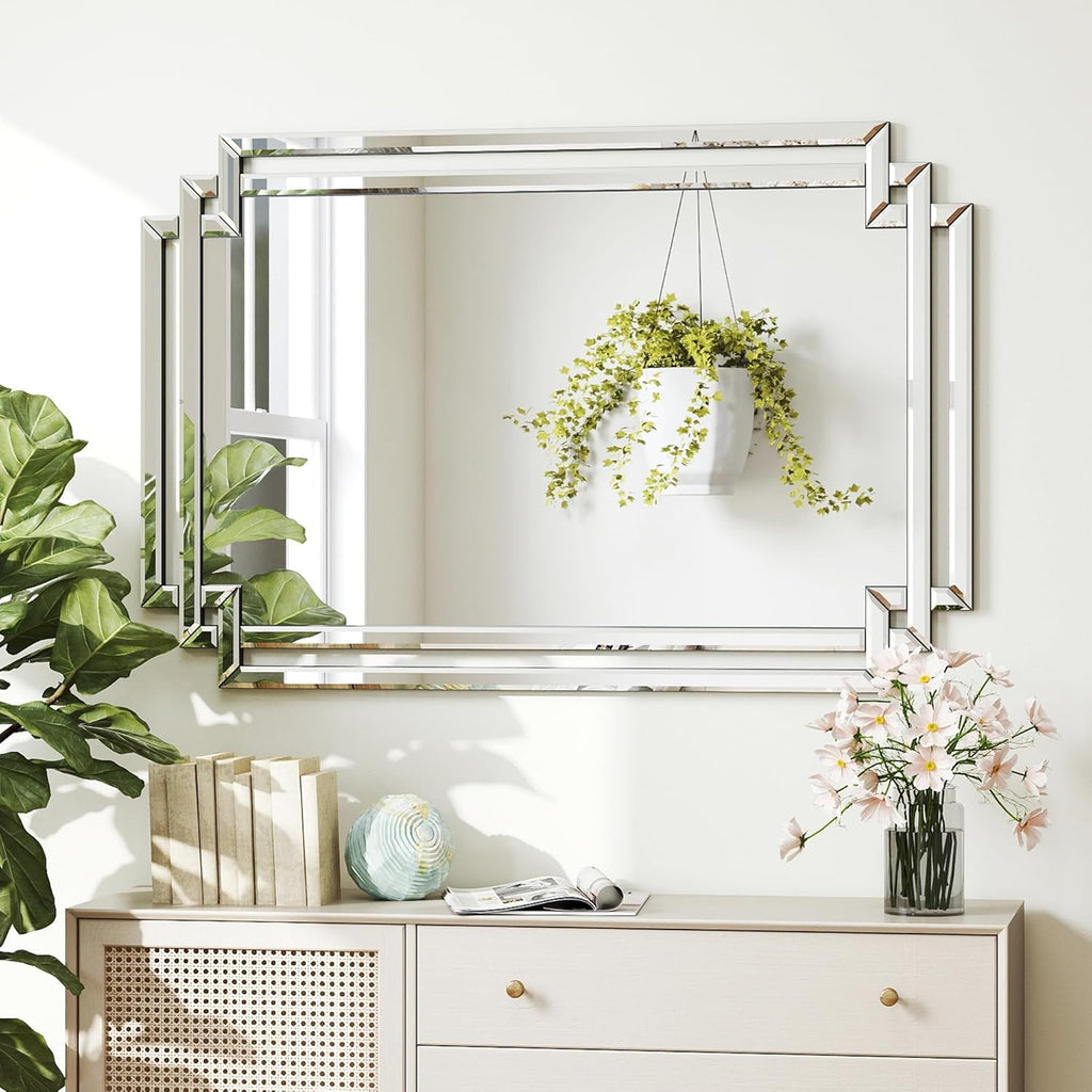 Modern Large Living Room Mirror with Mirrored Frame Decor, 24" X 36" Decorative Wall Mirror with Glass Pieces and