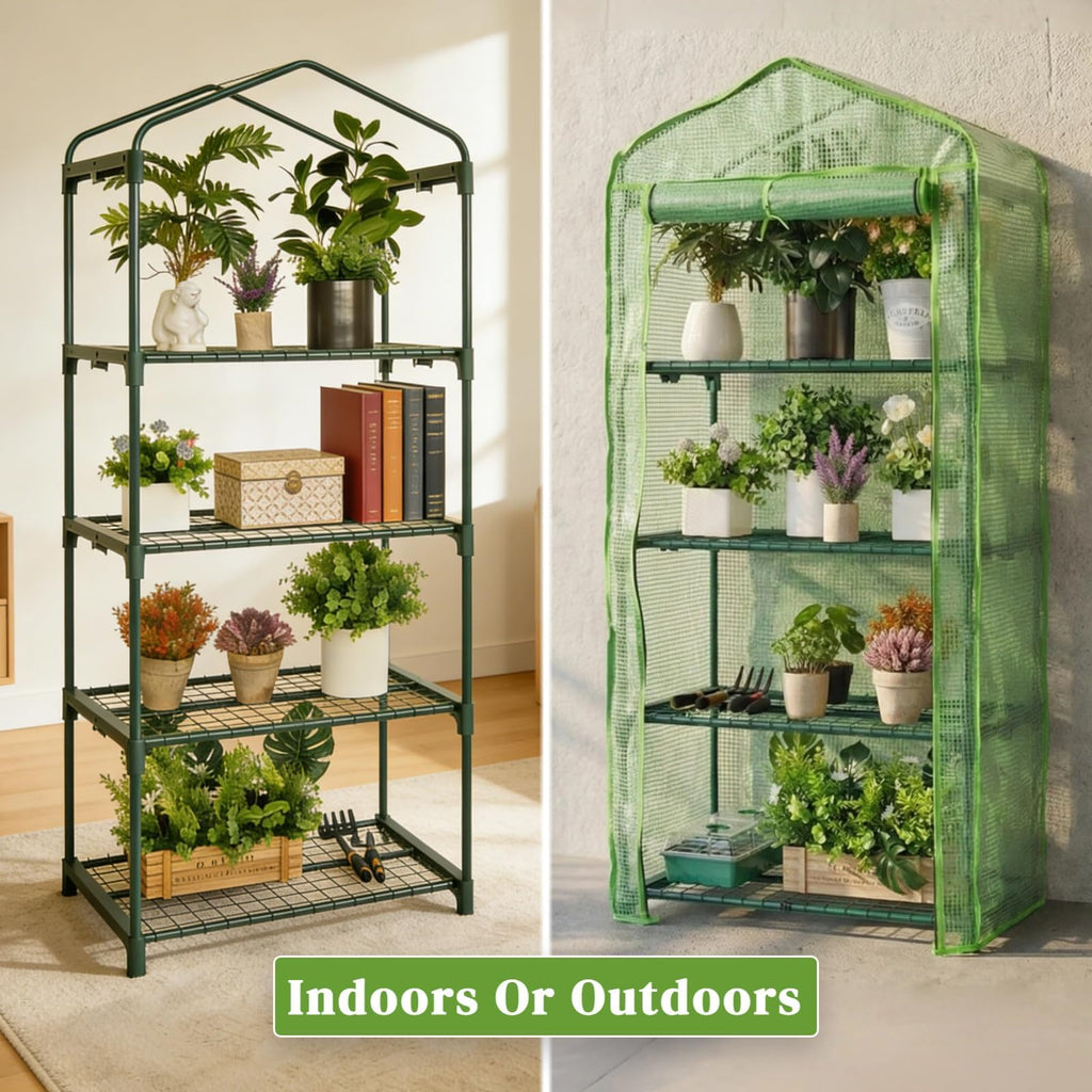 4 Tier Mini Greenhouse - Portable Indoor Outdoor Green House with 24lbs Per Shelf, Durable PE Cover & Tool-Free