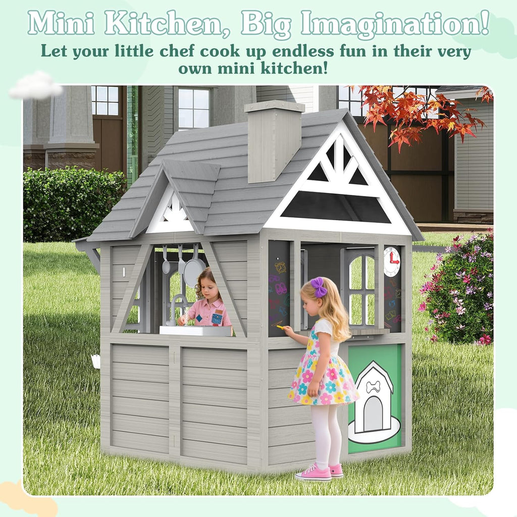 Kids Outdoor Cedar Playhouse, Weather-Resistant Gray Wooden Play House for Ages 3-8 with Play Kitchen, Working