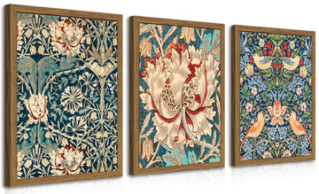Wood Frame William Morris Wall Art Set of 3, Vintage Botanical Floral Canvas Wall Decor Painting, Farmhouse Artwork