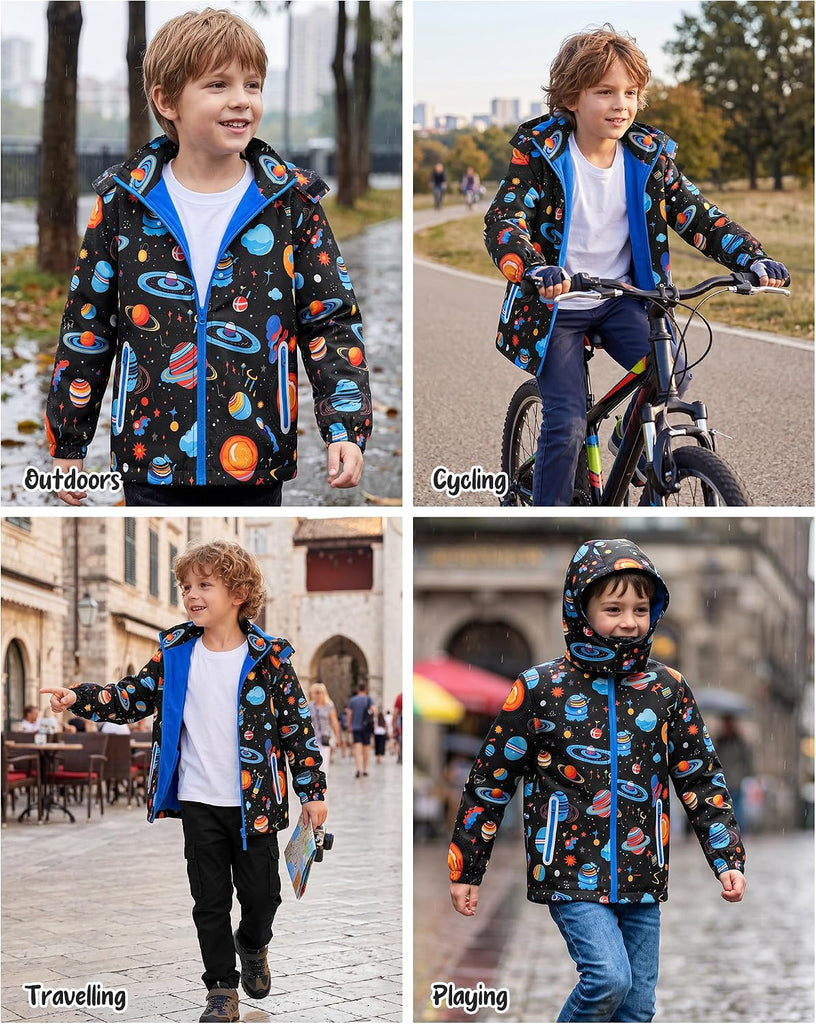 Boys Rain Jacket Waterproof Raincoats for Kids with Detachable Hood Fleece Lined Lightweight Windbreaker