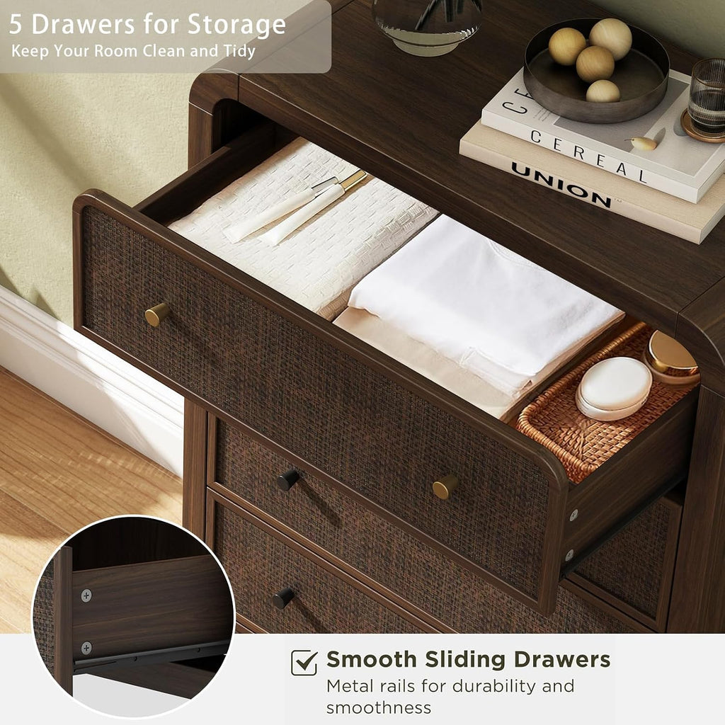 5 Drawer Tall Dresser , 47'' Rattan Dresser with Ample Storage, Boho Chest of Drawers, Thickened Curved Profile