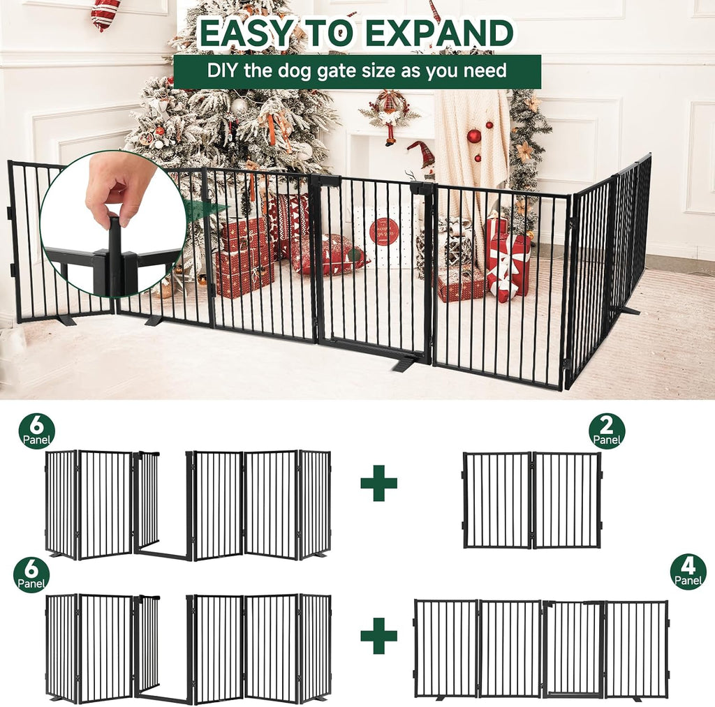 Paw Freestanding Dog Gate, 120" W x 36" H, 6-Panel, Black