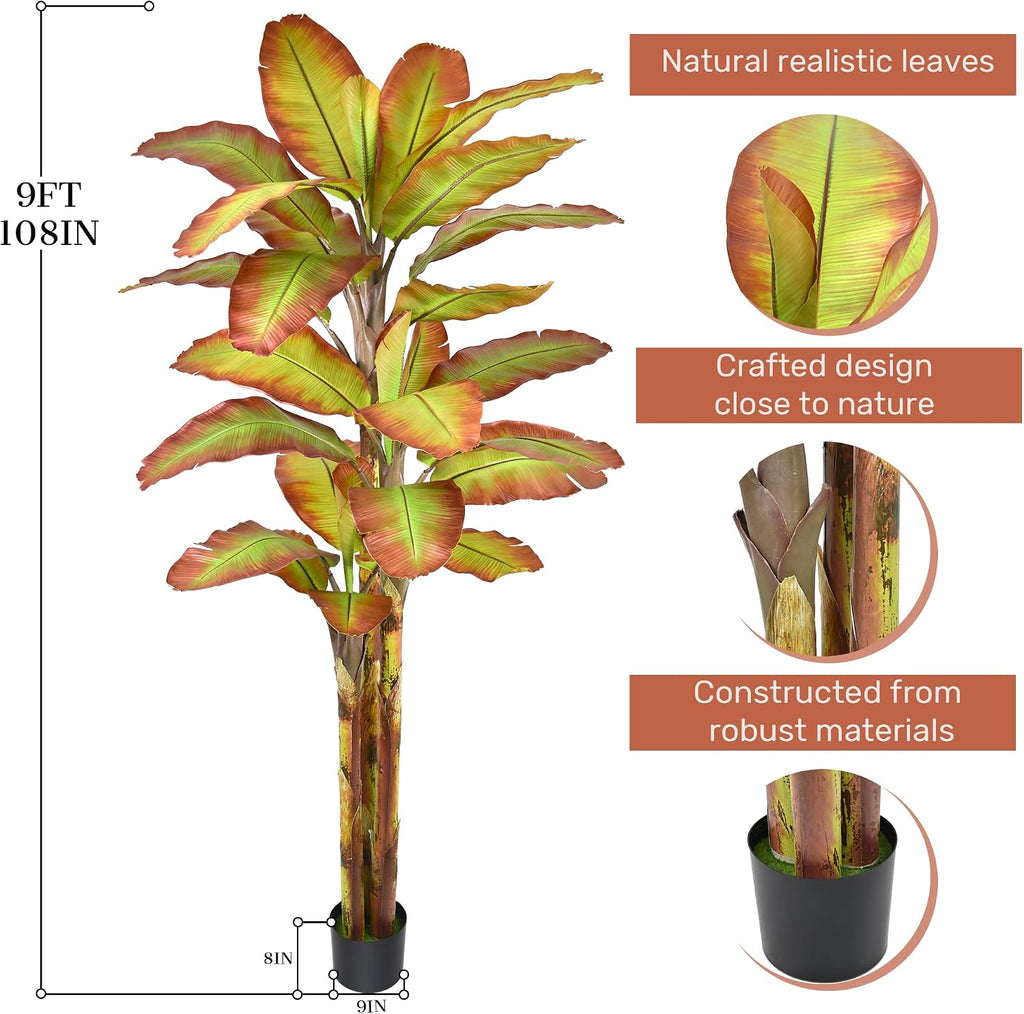 BananaTree 9FT Tall Large Faux Trees with Realistic Leaves, Fake Banana Floor Potted Artificial Plants Living Room