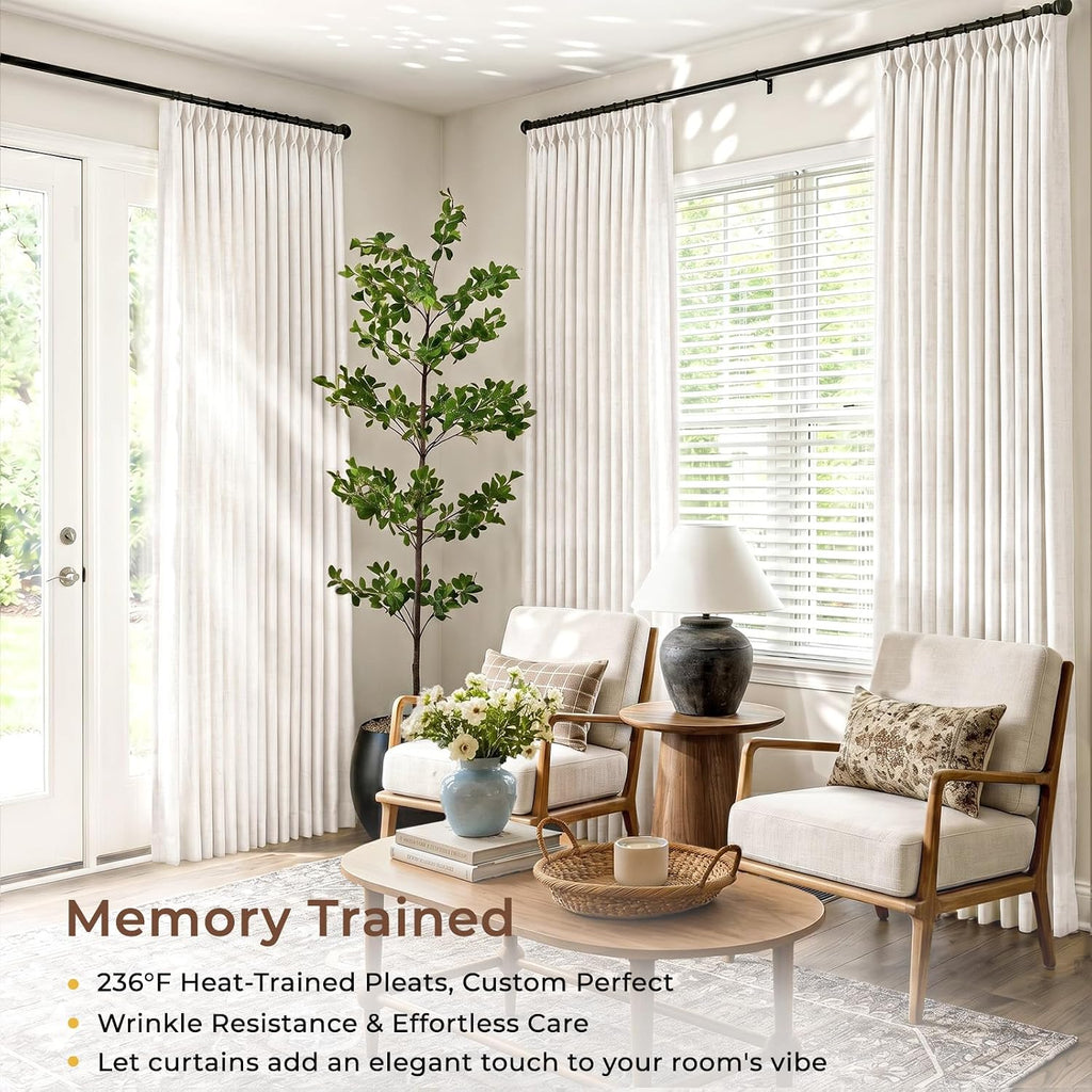 Memory Trained Pinch Pleated Curtains 90 Inches Long, Linen Curtains, 2 Panel Set Pinch Pleated Drapes with Hooks
