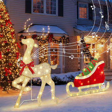 Christmas Decorations Outdoor, 42 Inch Christmas Reindeer & Sled with 117 Warm White Lights, Motion Sensor 2D Music