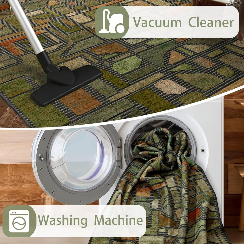 Area Rug, Vintage Checkered Abstract Rugs, Washable Modern Non Slip Soft Low Pile Indoor Floor Carpet Office