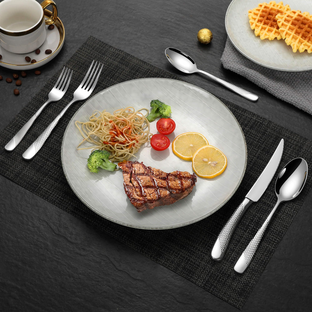 Hammered Silverware Set for 4,18/10 Stainless Steel Flatware Set with Serrated Forged Knives,Heavy Duty