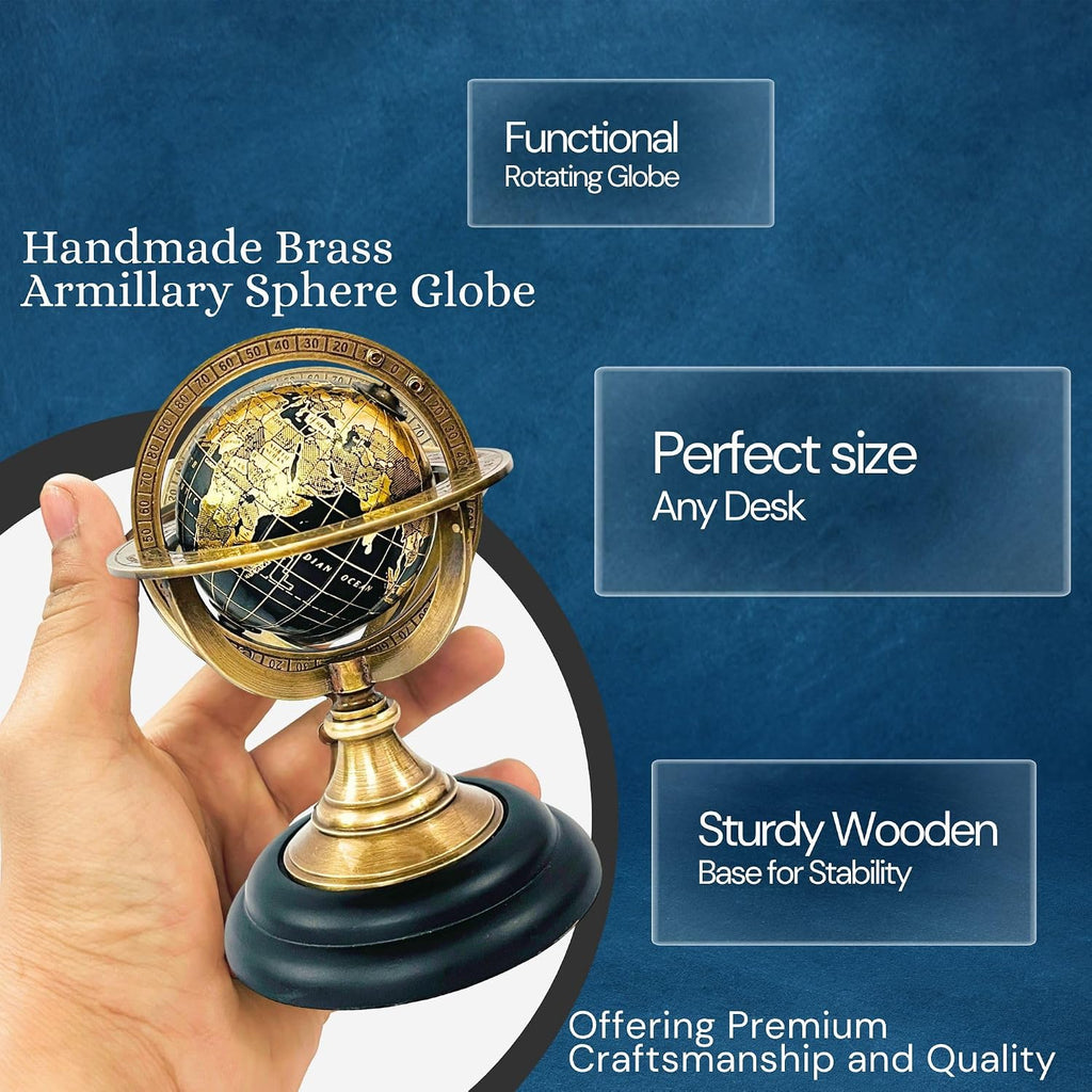5.10" Nautical Brass Armillary Sphere World Globe with Jet Black Map & Black color Wooden Base - Elegant & Durable